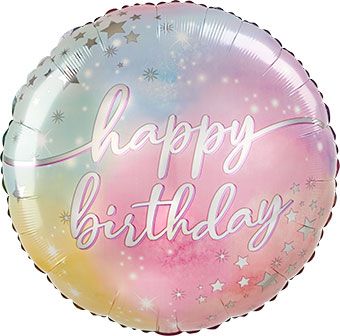 Round pastel-colored balloon with 'happy birthday' text and star patterns on a white background
