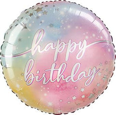 Round pastel-colored balloon with 'happy birthday' text and star patterns on a white background