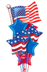 Bouquet of balloons with American flag designs, and red and blue colored stars on a white background