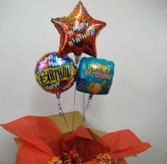 Balloon in a Box Trio Bouquet with three mylar balloons, candy, and greeting card