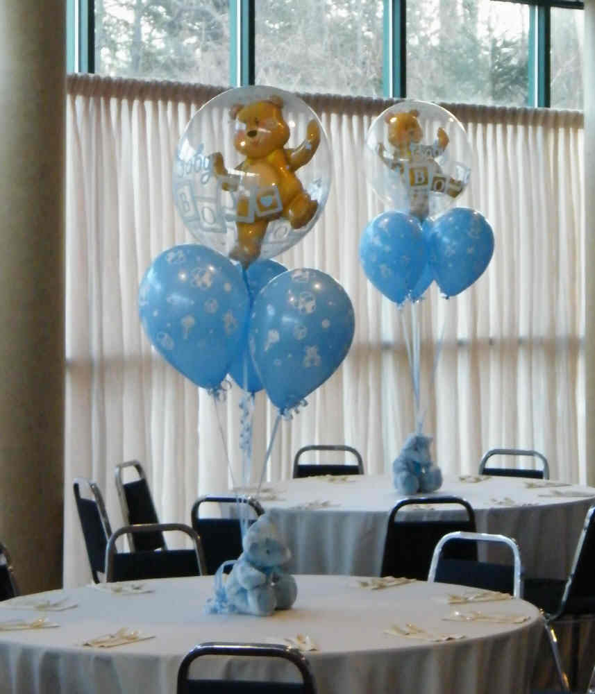 Colorful baby boy or girl balloon centerpiece with bear in bubble and 3 latex balloons