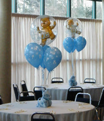 Colorful baby boy or girl balloon centerpiece with bear in bubble and 3 latex balloons