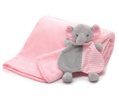 A pink plush baby blanket with a gray elephant comforter featuring pink and white stripes, set against a plain white background.