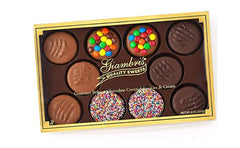 box of belgian chocolate covered oreos with m&ms and rainbow sprinkles