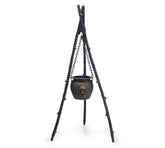 Black animated witch cauldron Halloween decoration with changing lights and sounds, suspended by 3 poles with chains for indoor and outdoor use