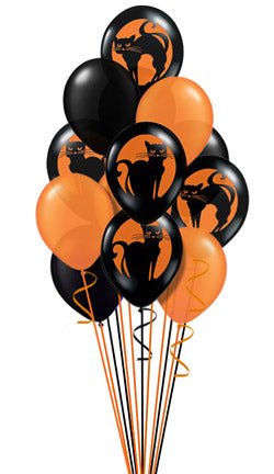 black cats and orange latex halloween balloon bouquet with 16 hi-floated balloons