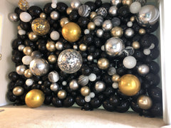 black gold silver organic balloon wall backdrop for parties and events