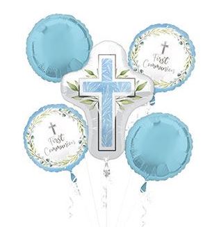blue communion cross balloon centerpiece with white and blue mylars on decorative weight
