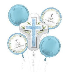 blue communion cross balloon centerpiece with white and blue mylars on decorative weight
