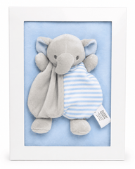 A framed baby comforter featuring a plush elephant with a gray body and ears, a blue-and-white striped blanket, and a light blue backing, presented in a white frame.
