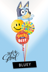 Bluey back to school balloon bouquet with Bluey, Welcome Back, Smiley Face, and Superhero balloons