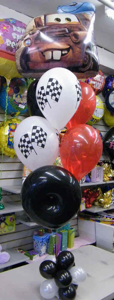 Cars movie balloon bouquet with jumbo Lightning McQueen or Mater balloon and racing latex balloons