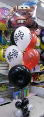 Cars movie balloon bouquet with jumbo Lightning McQueen or Mater balloon and racing latex balloons