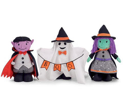Halloween plush decorations showing the three figures standing: witches, Ghost and Dracula, made from fabric, felt, and yarn for festive home décor