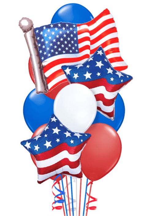 Bouquet of balloons with American flag designs on a white background