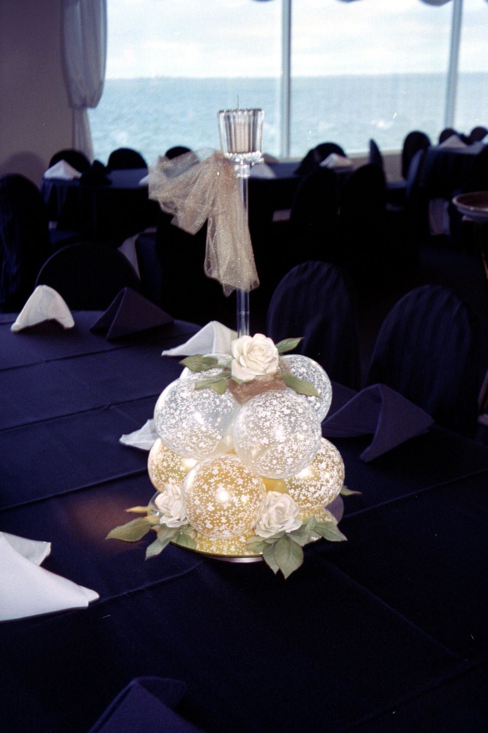 Floral Reflections balloon centerpiece with rose and tulle on mirrored base, elegant 12 Inch décor piece
