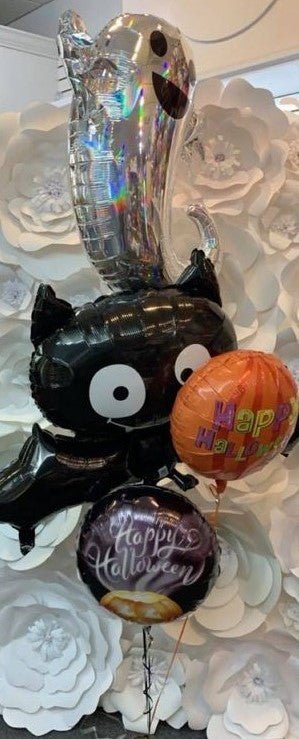 ghost and bat halloween balloon bouquet with mylar and latex balloons