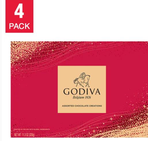 godiva holiday assorted chocolate 4 pack gift boxes with red bow