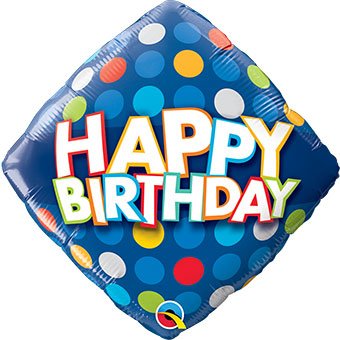18 Inch blue diamond Mylar balloon with colorful dots and Happy Birthday text