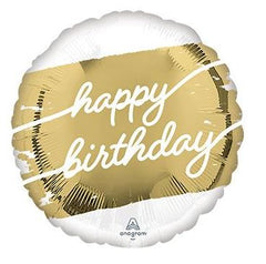 White 18 Inch Happy Birthday Mylar balloon with gold glitter dot design