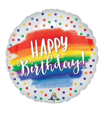 18 Inch rainbow confetti Mylar balloon with colorful dots and Happy Birthday text