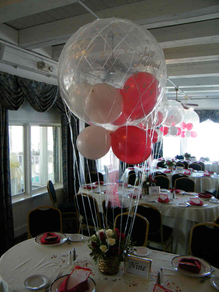 Just Married hot air balloon centerpiece with rose and butterfly prints, 3 FT round, floral basket with candy