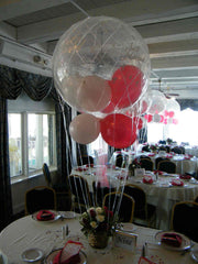 Just Married hot air balloon centerpiece with rose and butterfly prints, 3 FT round, floral basket with candy