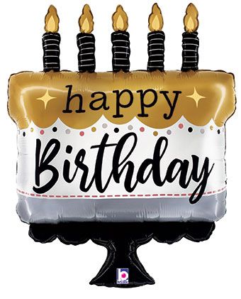Balloon shaped like a birthday cake with candles and 'happy birthday' text on a white background