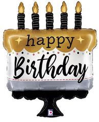 Balloon shaped like a birthday cake with candles and 'happy birthday' text on a white background