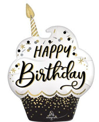 Birthday balloon shaped like a cupcake with 'Happy Birthday' text and a candle.