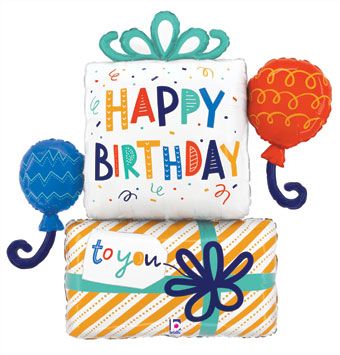 Colorful birthday gift box with 'Happy Birthday' text and decorative elements on a white background