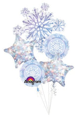 Let It Snow Balloon Bouquet with snowflake balloons, chocolate peppermint bark, and 3D greeting card