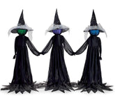 Lighted Halloween decoration with 3 joined witches in black outfits and silver hats, suitable for indoor and outdoor displays