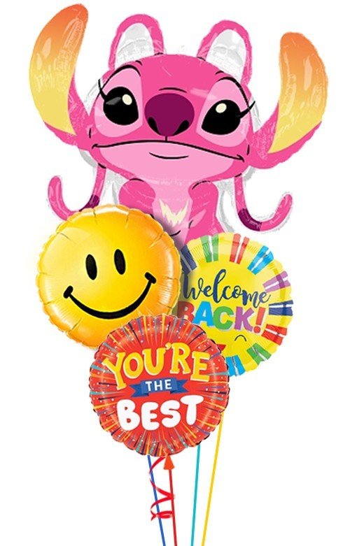 Lilo back to school balloon bouquet with Lilo, Welcome Back, You’re the Best, and Smiley Face balloons