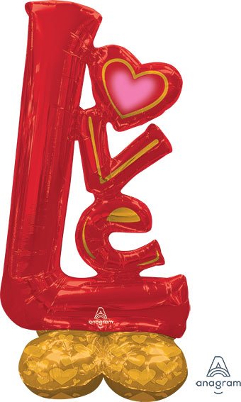 Large red and gold “LOVE” AirLoon balloon display standing on the floor indoors