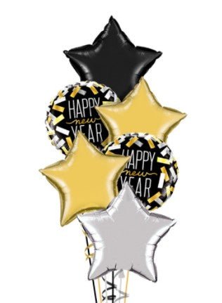 Gold, black, and silver star balloons with Happy New Year message arranged in festive bouquet
