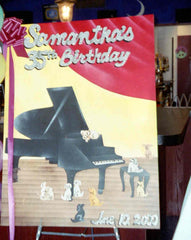 Custom Happy Birthday sign-in board displayed on an easel for event décor