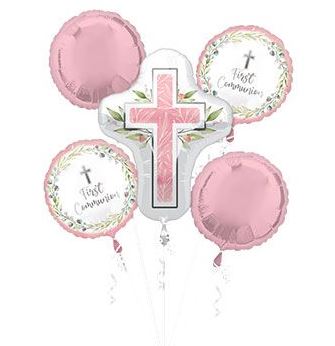 Pink and white communion balloon centerpiece with cross and 4 mylar balloons on decorative weight