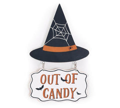 Reversible witch hat wall hanging with black wooden hat and white sign reading “Out of candy” for Halloween décor