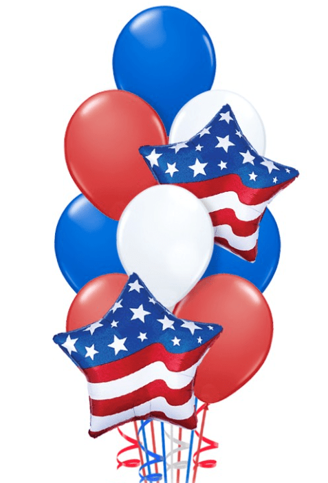 Bouquet of balloons with American flag designs on a white background