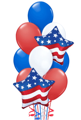 Bouquet of balloons with American flag designs on a white background