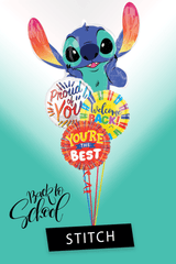 Stitch back to school balloon bouquet with Stitch, Welcome Back, Proud of You, and You’re the Best balloons