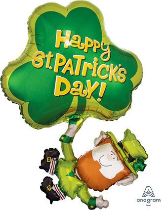 33-inch leprechaun-shaped mylar balloon with shamrock for St. Patrick’s Day celebrations