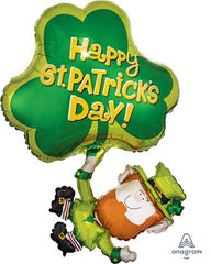 33-inch leprechaun-shaped mylar balloon with shamrock for St. Patrick’s Day celebrations