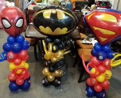 Superhero balloon column with matching Mylar on top, colorful party centerpiece