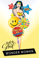 Wonder Woman back to school balloon bouquet with superhero, smiley face, and welcome back balloons