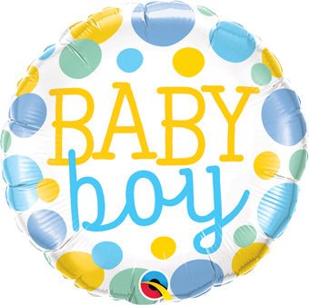 Floating balloon with 'Baby boy' text and colorful polka dots
