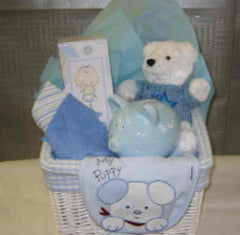 baby boy gift basket with bib hat teddy bear piggy bank and picture frame