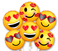 Bouquet of emoji balloons with smiling faces and fun expressions on balloon weight