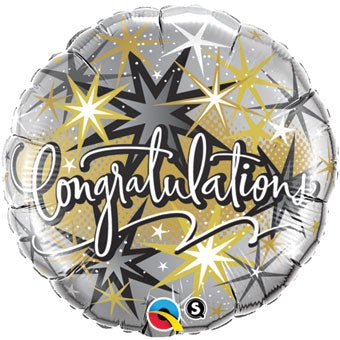 A round 18-inches, multicolored floating balloon with the word 'CONGRATS' written in bold letters, surrounded by stars and geometric patterns.